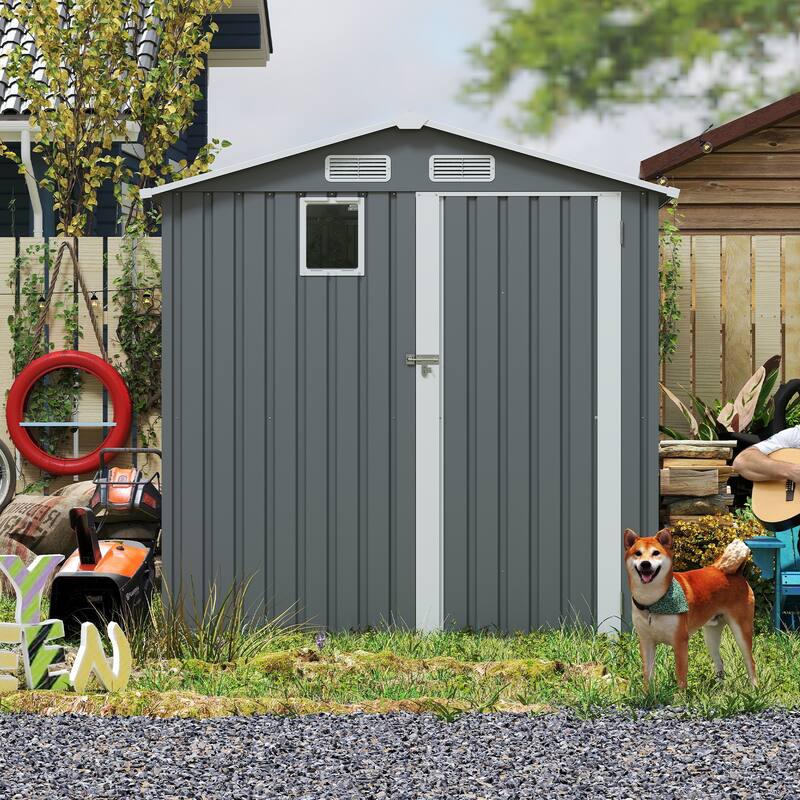6x8FT Outdoor Steel Storage Shed with Clear Window, Lockable Doors, Compact Metal Tool Shed for Garden