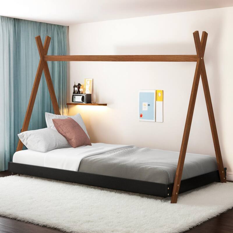 Wooden Twin Size Tent Floor Bed with Triangle Structure - Black+Brown
