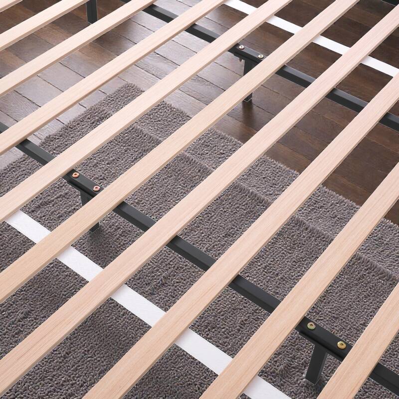 Upholstered Platform Bed with Curved Thick Headboard and Solid Wood Legs, Modern Fabric Bed Frame No Box Spring