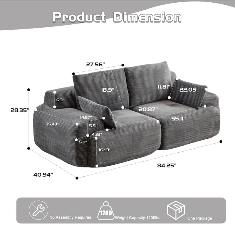Oversize Memory Foam Compressed Deep Seat Couch Loveseat Sofa Pet-Friendly Corduroy 2 Seater Modular Sectional Sofa, No Assembly