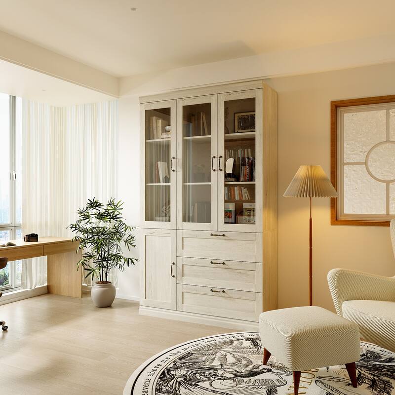 Bookcase Cabinet with Glass Doors and Drawers Multi-Purpose Storage Display Hutch for Living Room or Dining Room