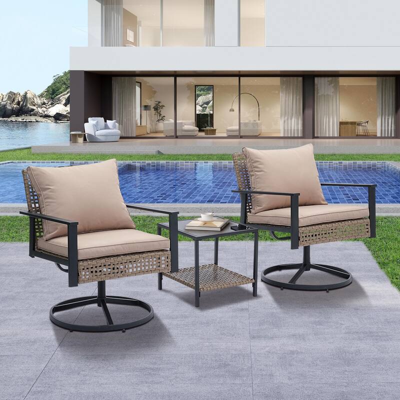 Ainfox 3 Pieces Patio Outdoor Furniture Set with Coffee Table, PE Wicker Swivel Rocking Chairs