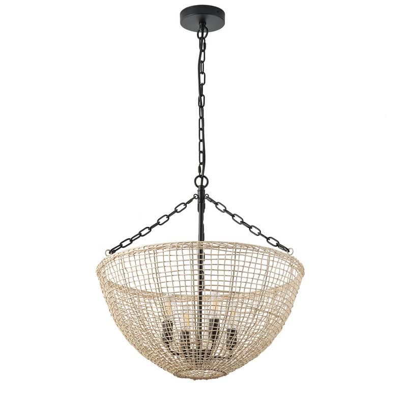 Modern Farmhouse 4-Light Pendant with Woven Rattan Basket Shade and Black Chain Finish