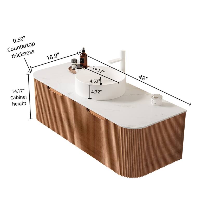 Wall-Mounted Floating Curved Edges Striped Bathroom Vanity with Sink without Faucet