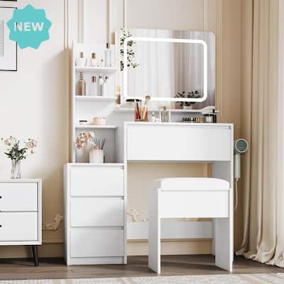 36" LED Vanity Desk with Lights, 4 Drawers & Charging Ports