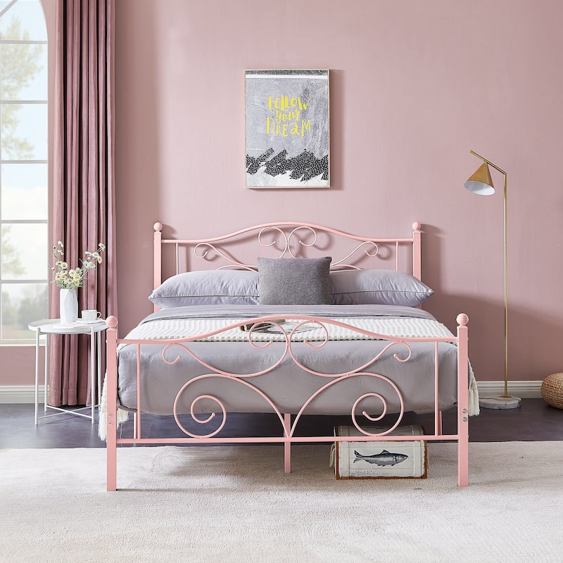 VECELO Metal Platform Bed Frame with Roman Column Floral Scrollwork Headboard No Box Spring Needed Twin/Full/Queen Size
