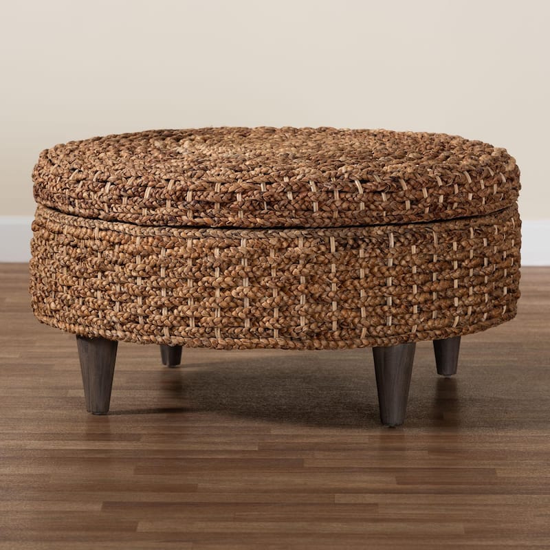 Bailey Handwoven Seagrass Storage Ottoman with Lift-Top - Rustic Wicker Trunk or Footrest for Living Room or Entryway