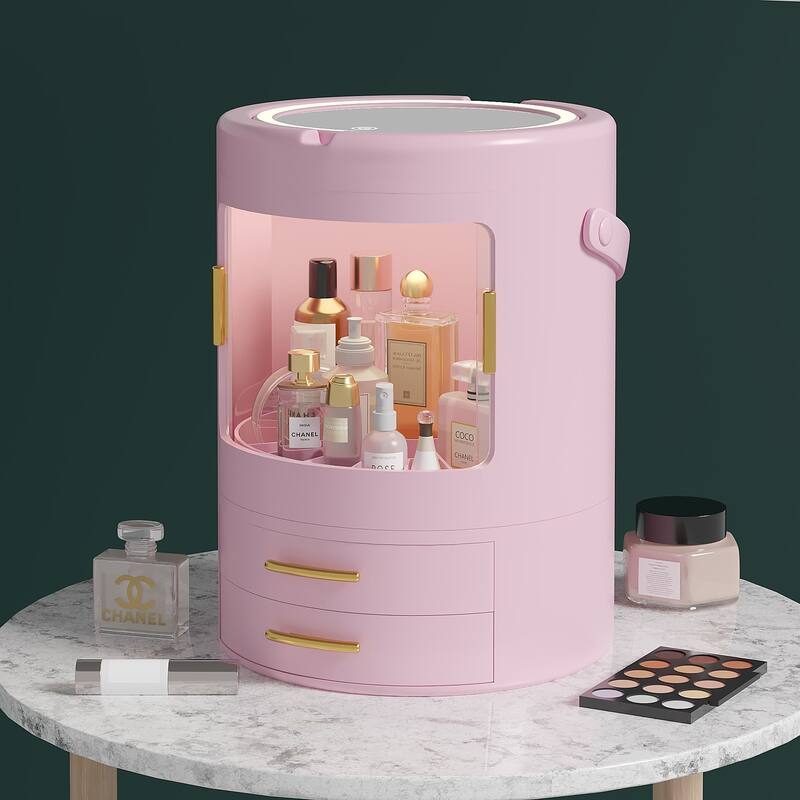 Pink Makeup Organizer Bathroom Medicine Organizer Cosmetic Display Cases with Led Mirror for Dresser, Vanity Countertop