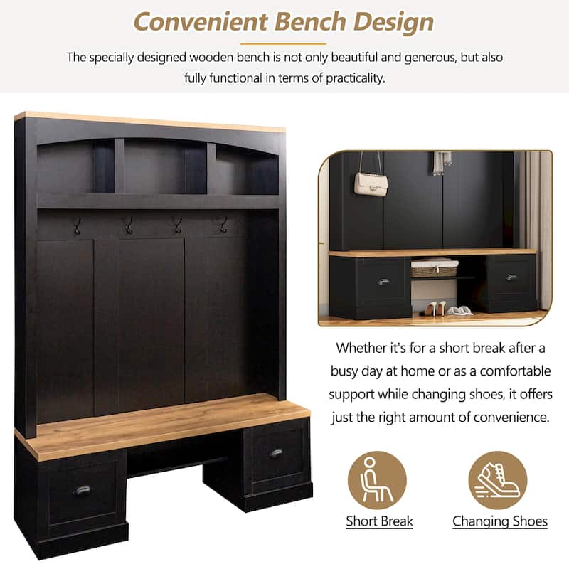 Hall Tree Entryway Cabinet with Wood Bench & Hooks, Coat Rack Storage Cabinet with Adjustable Shelves