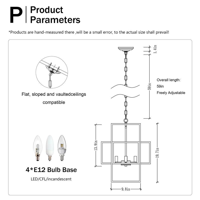 Industrial 4-Light Matte Black Farmhouse Lantern Chandelier, for Dining Room and Kitchen, E12 Bulbs Not Included