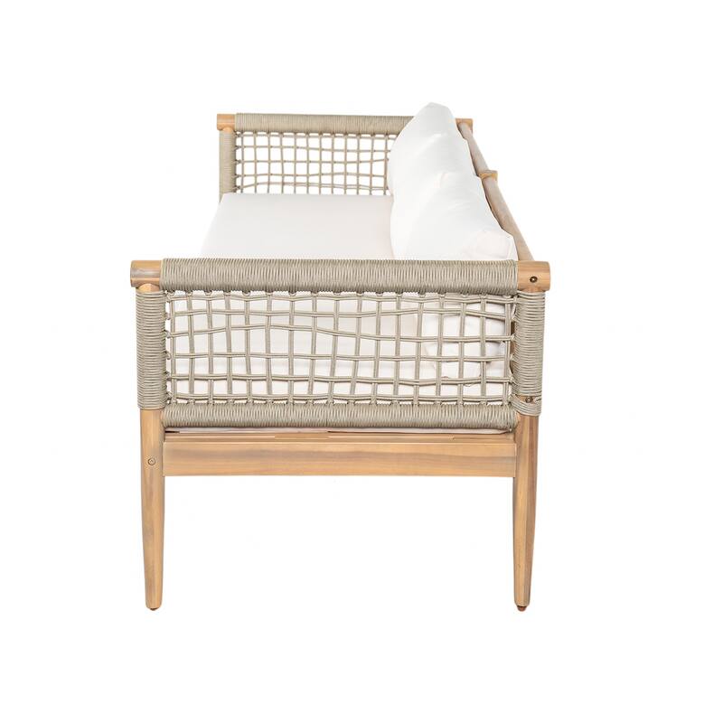 Christopher Knight Home - Outdoor Acacia Wood 3-Seater Sofa with Rope Arms and Cushions