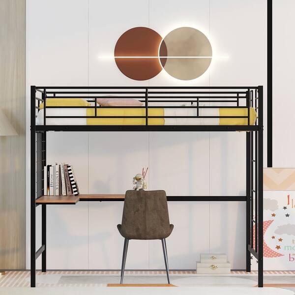 slide 2 of 22, Twin Size Metal Loft Bed wL-shaped Desk, Metal Grid, Ladder, Guardrail Black - Twin