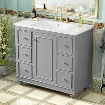 36-Inch Gray Bathroom Vanity with Resin Sink, 4 Drawers & Soft-Close