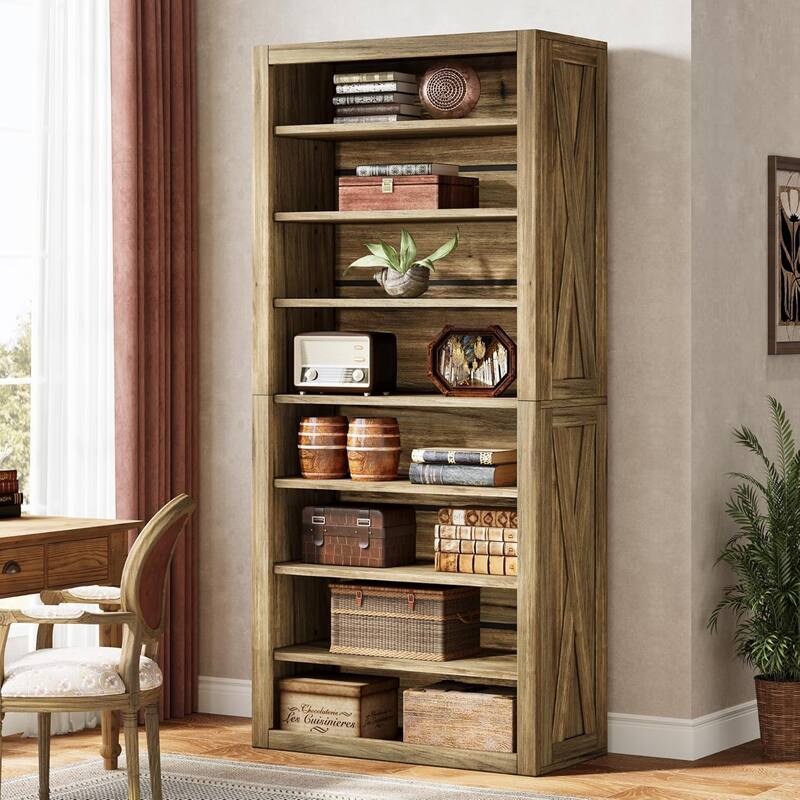 70.59 Inches Brown Wood Bookshelf with Adjustable Shelves, 8-Tier Large Bookcase for Living Room