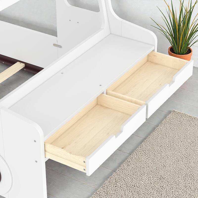 Kids Car Floor Bed with Storage Drawers and Desk, Car-Shaped Wood Floor Bed with Window, Twin Full Sizes