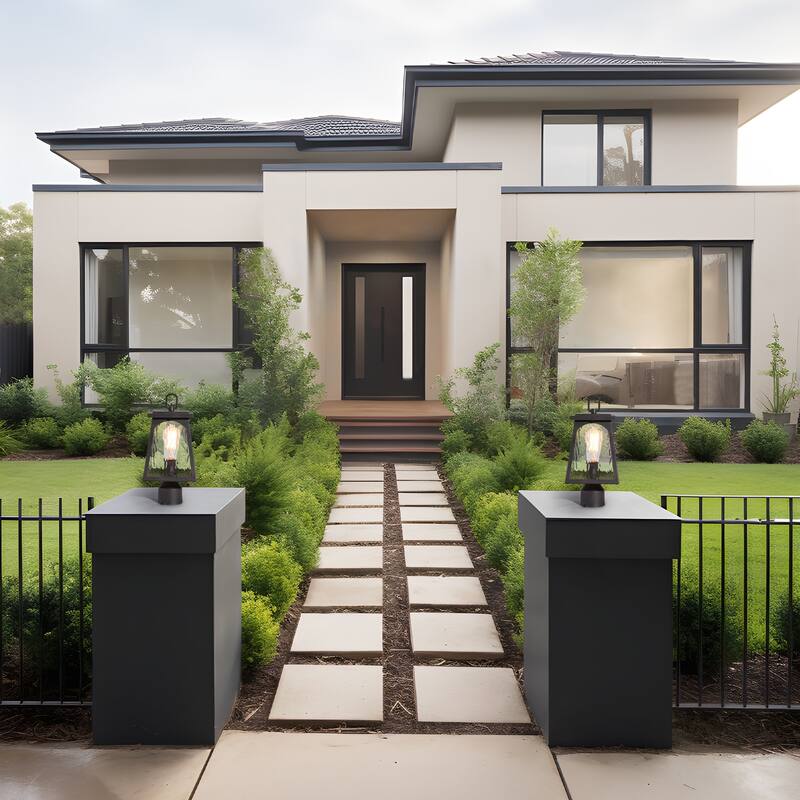 Modern Farmhouse 1-Light Outdoor Post Light Black Lantern with Water Ripple Clear Glass - W 6.7" x H 14.6"