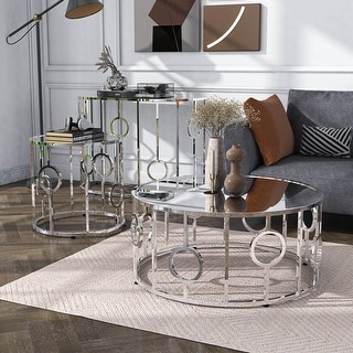 Hoop Contemporary Chrome Glass Top 3-Piece Coffee Table Set by