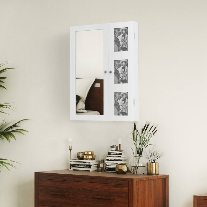 Wooden Wall Mounted Jewelry Armoire with Photo Frame White N