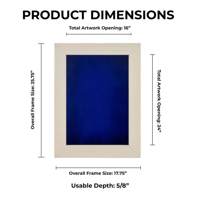 16x24 Shadow Box Frame White Washed Wood | With a 3/4" Usable Display Depth | Includes a Royal Blue Real Suede Texture Acid-Free