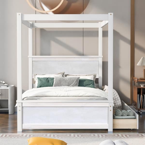 slide 2 of 32, Full Size Wood Canopy Bed with two Drawers White