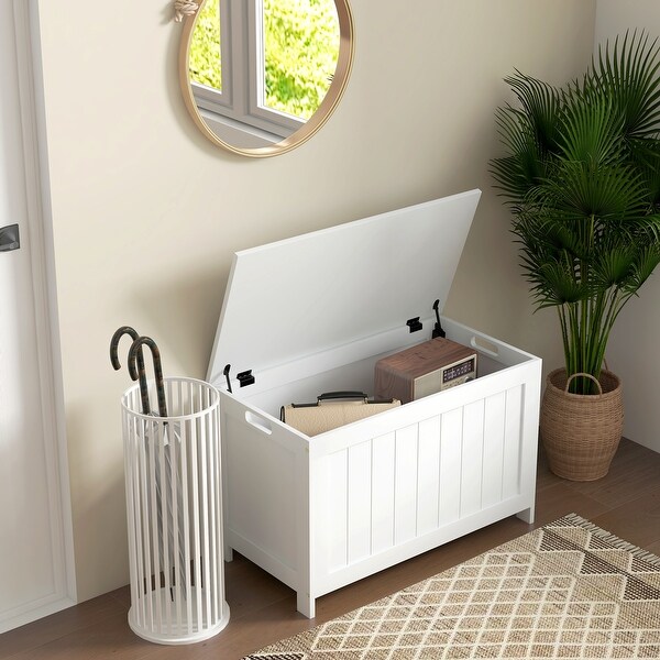 HOMCOM Storage Chest Wooden Box with 2 Safety Hinges and Cut out Handles Modern Storage Trunk for Living Room Entryway On Sale Bed Bath Beyond 40830206