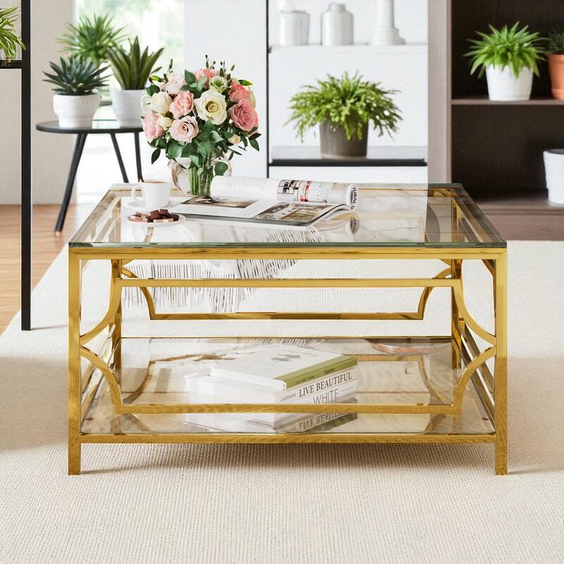 Square Glass Coffee Table 33.5" with Gold Geometric Metal Frame and Lower Shelf, Modern Accent Furniture