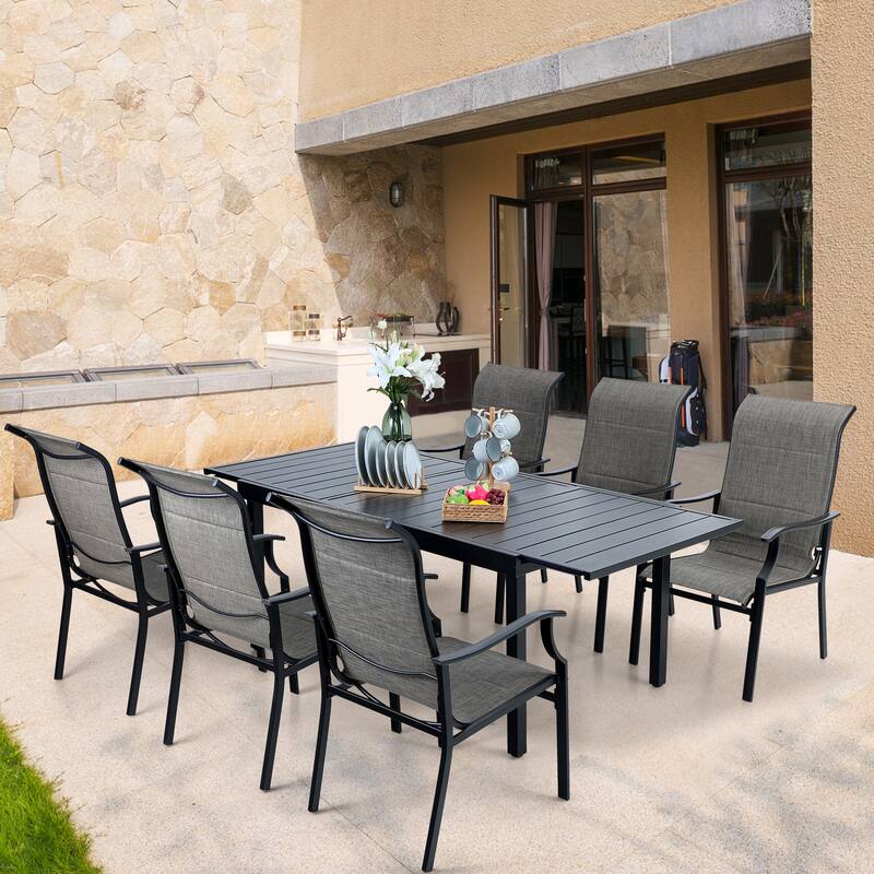 MAISON ARTS Patio Dining Set 9/7 Pieces Outdoor Metal Furniture Set, 8/6 C Spring Motion Chairs and 1 Expandable Table - 7-Piece Fixed
