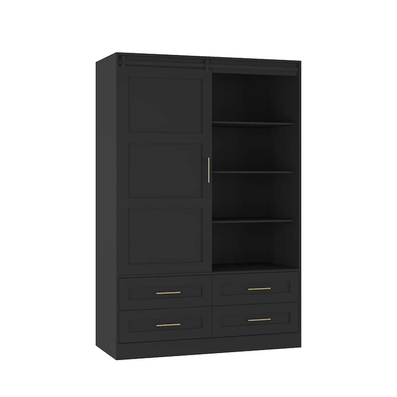 Bedroom Tall Armoire Wardrobe Closet, Sliding Barn Door Clothing Storage Cabinet with Hanging Rod, Drawers & Open Shelves, Black
