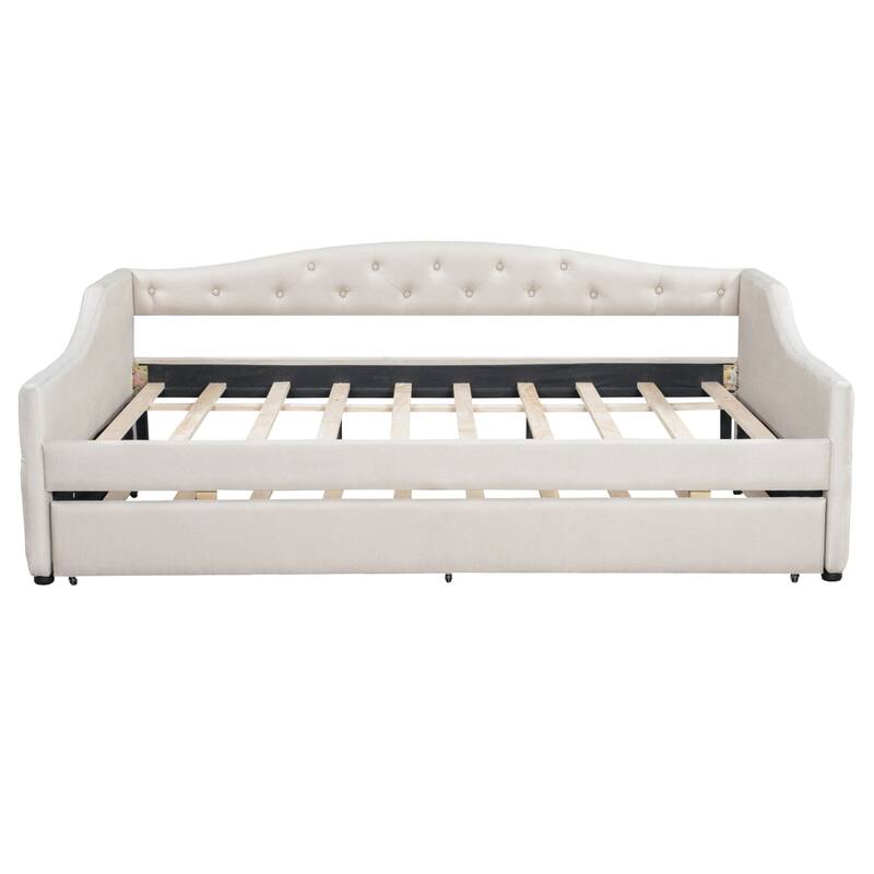 Full XL Upholstered Daybed with LED Lighting and Trundle in Beige