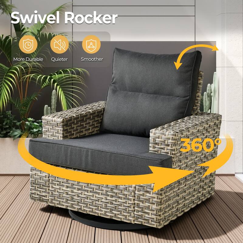HOOOWOOO 9-piece Wicker Patio Furniture Swivel Rocking Chair Set with Fire Pit