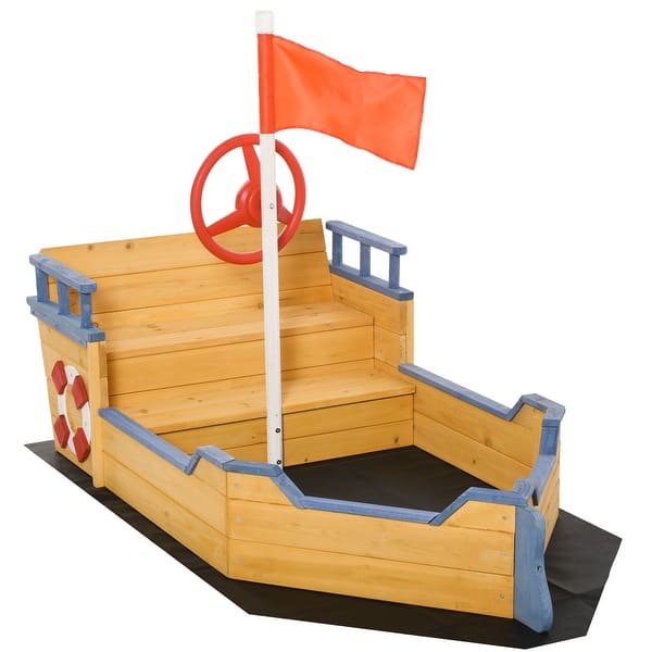 slide 2 of 10, Wooden Kids Pirate Sandbox, Outdoor Sandboat with Bench Seats, Storage, Non-Woven Fabric Cloth for Backyard, Lawn Natural