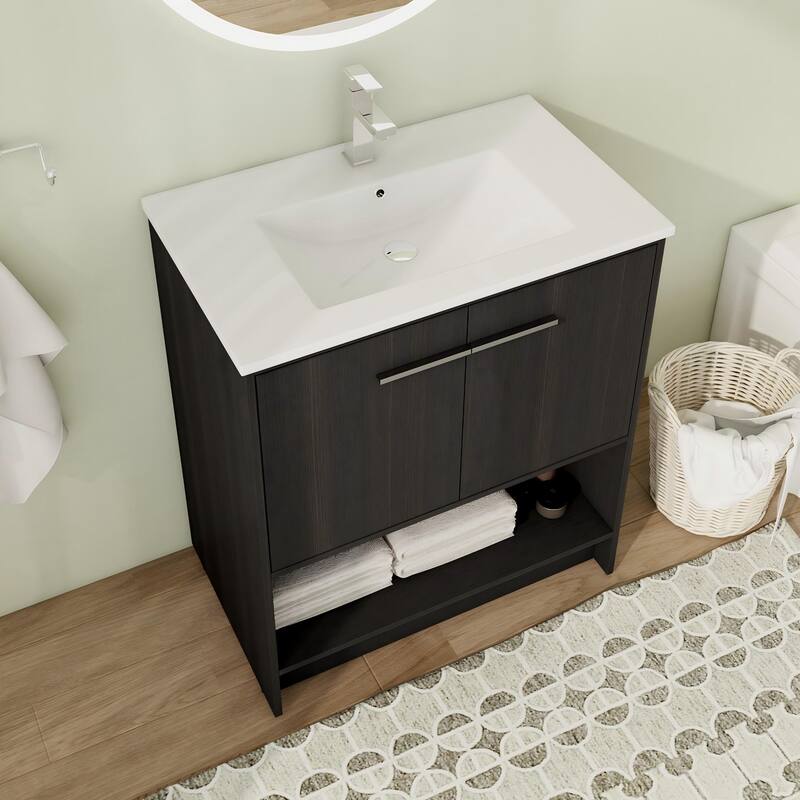 30"/36" FreeStanding Bathroom Vanity with Sink, Floor Stand Bathroom Vanity with Soft Close Door - Black - 30.0"×18.3"×35.4"