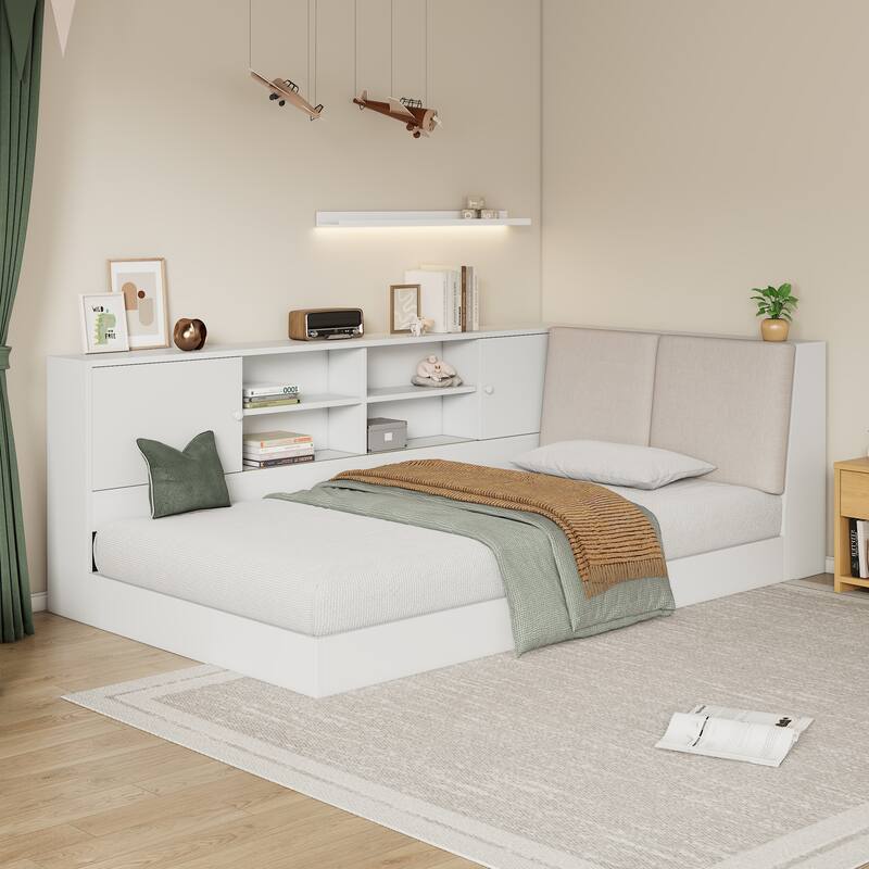 L-shaped Daybed Wooden Corner Sofa Bed Frame with Sliding Doors Bookcase Captains Bed, Upholstered Headboard Built-in Storage