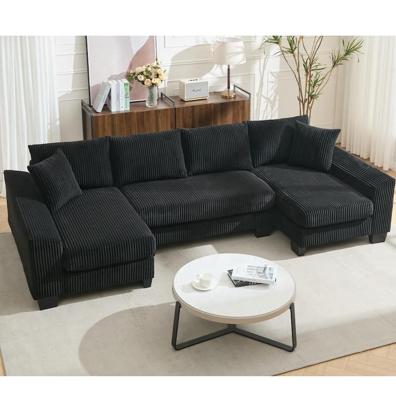 114" Modern 2-in-1 Convertible Sleeper Sofa with Chaise Lounge & Pillows - Black