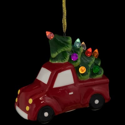 Lighted Truck with Christmas Tree Ceramic Ornament - 3.75" - Red and Green