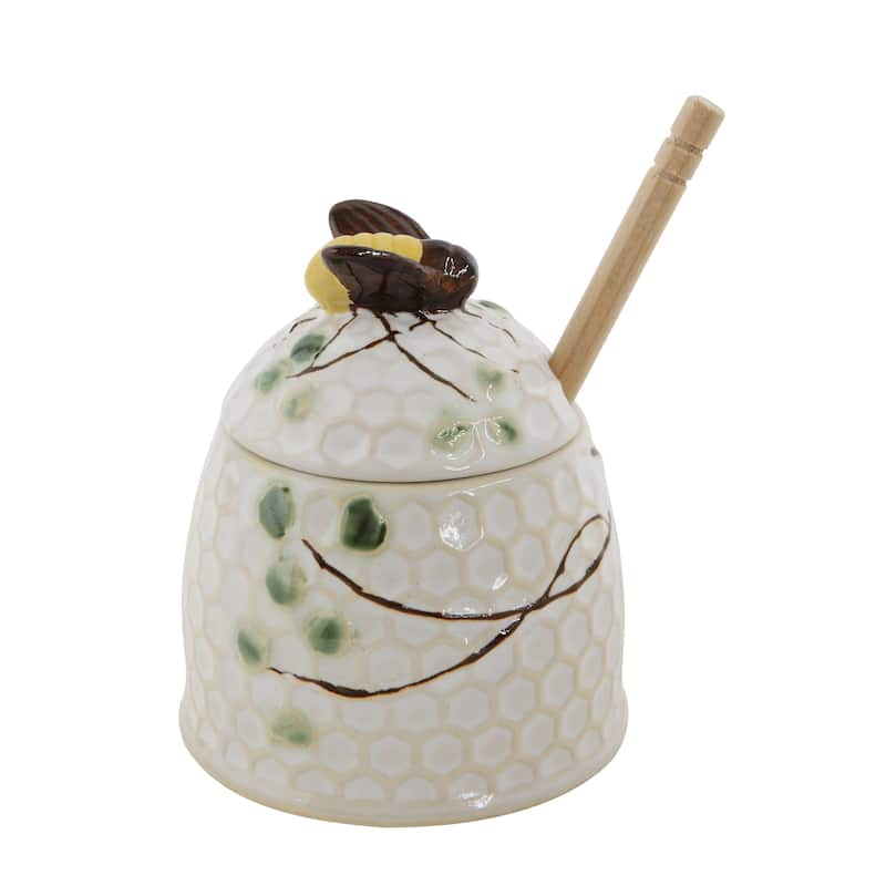 Stoneware Honey Jar with Lid & Wood Honey Dipper (Set of 2 Pieces)