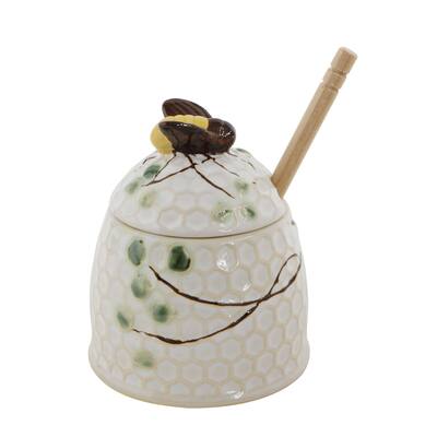Stoneware Honey Jar with Lid & Wood Honey Dipper (Set of 2 Pieces)