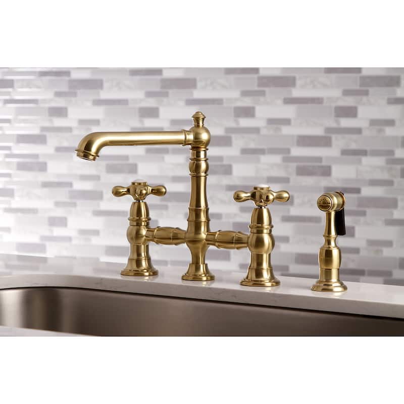 English Country Bridge Kitchen Faucet with Sprayer in Matte Black