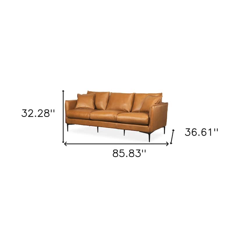 HomeRoots 86" Tan Leather Sofa And Toss Pillows With Black Legs
