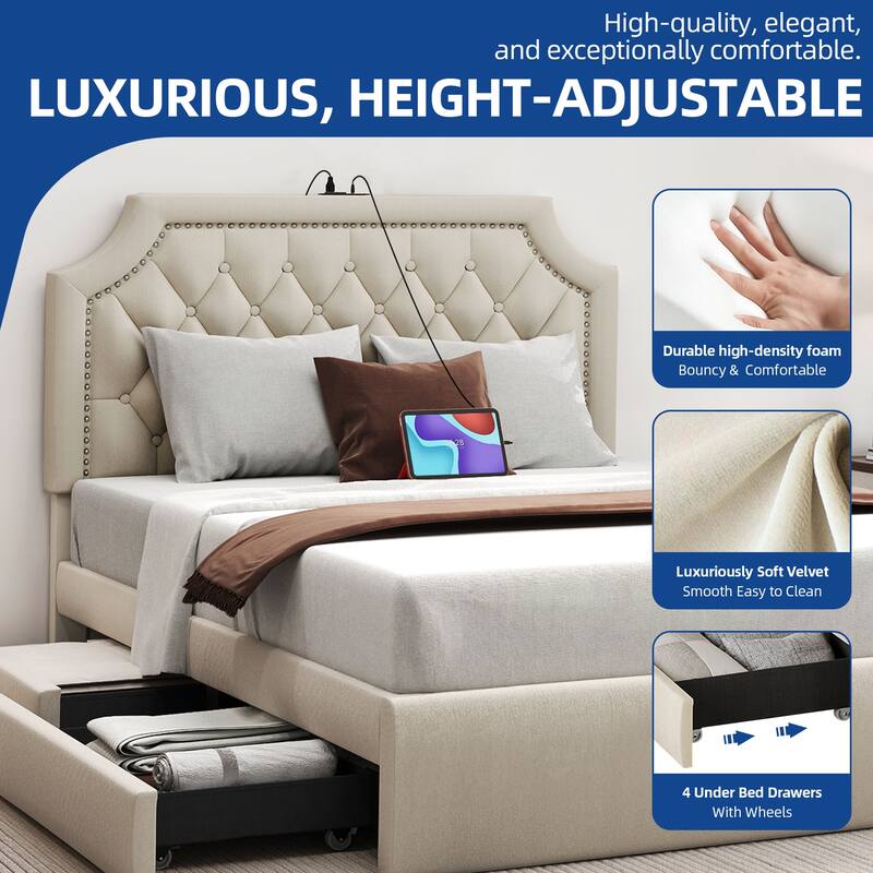 Moasis Velvet/Linen Upholstered Bedframe with Adjustable Headboard and 4 Storage Drawers