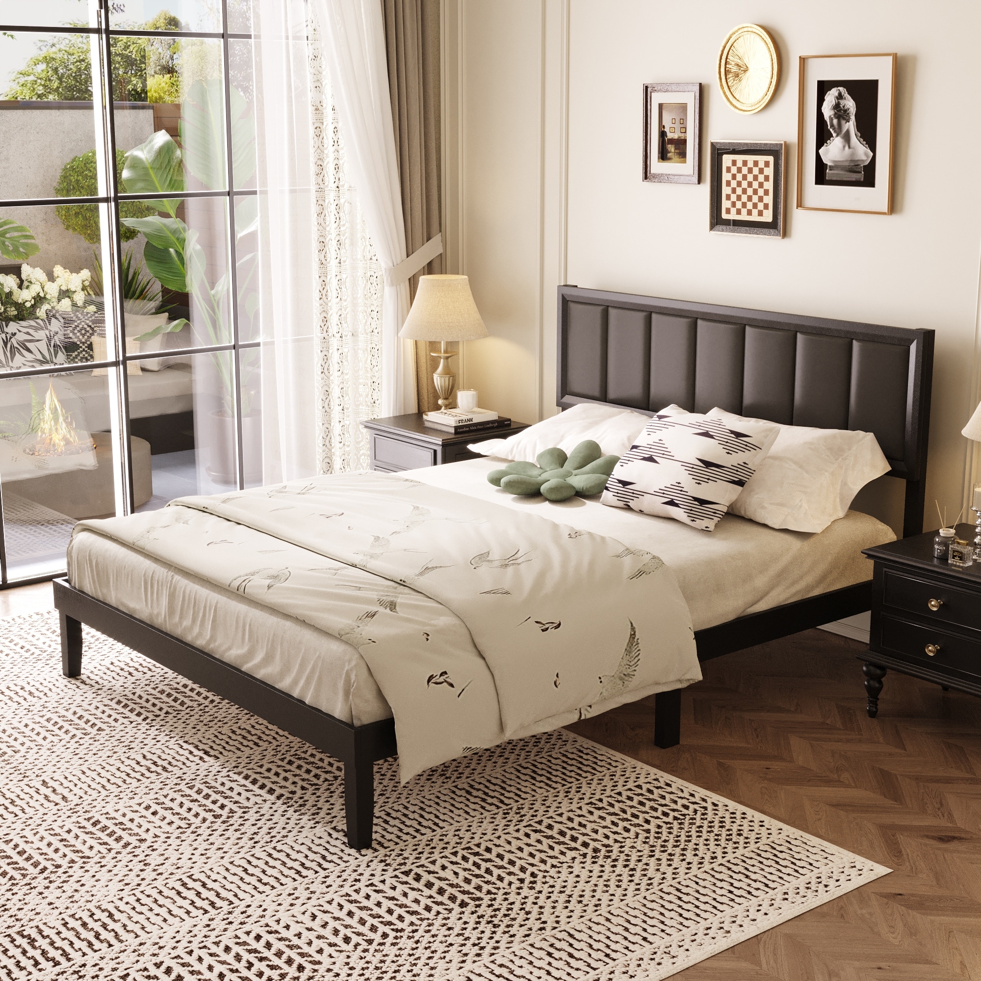 Contemporary Solid Wood Platform Bed with Padded Headboard - Rubber Wood Frame