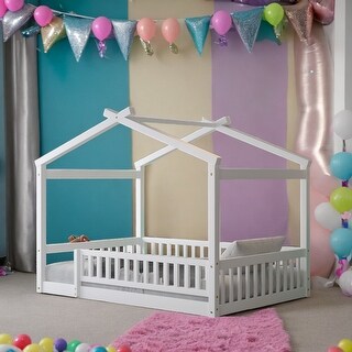 Kids and Baby Full Size Wood Bed House Bed Frame With Fence