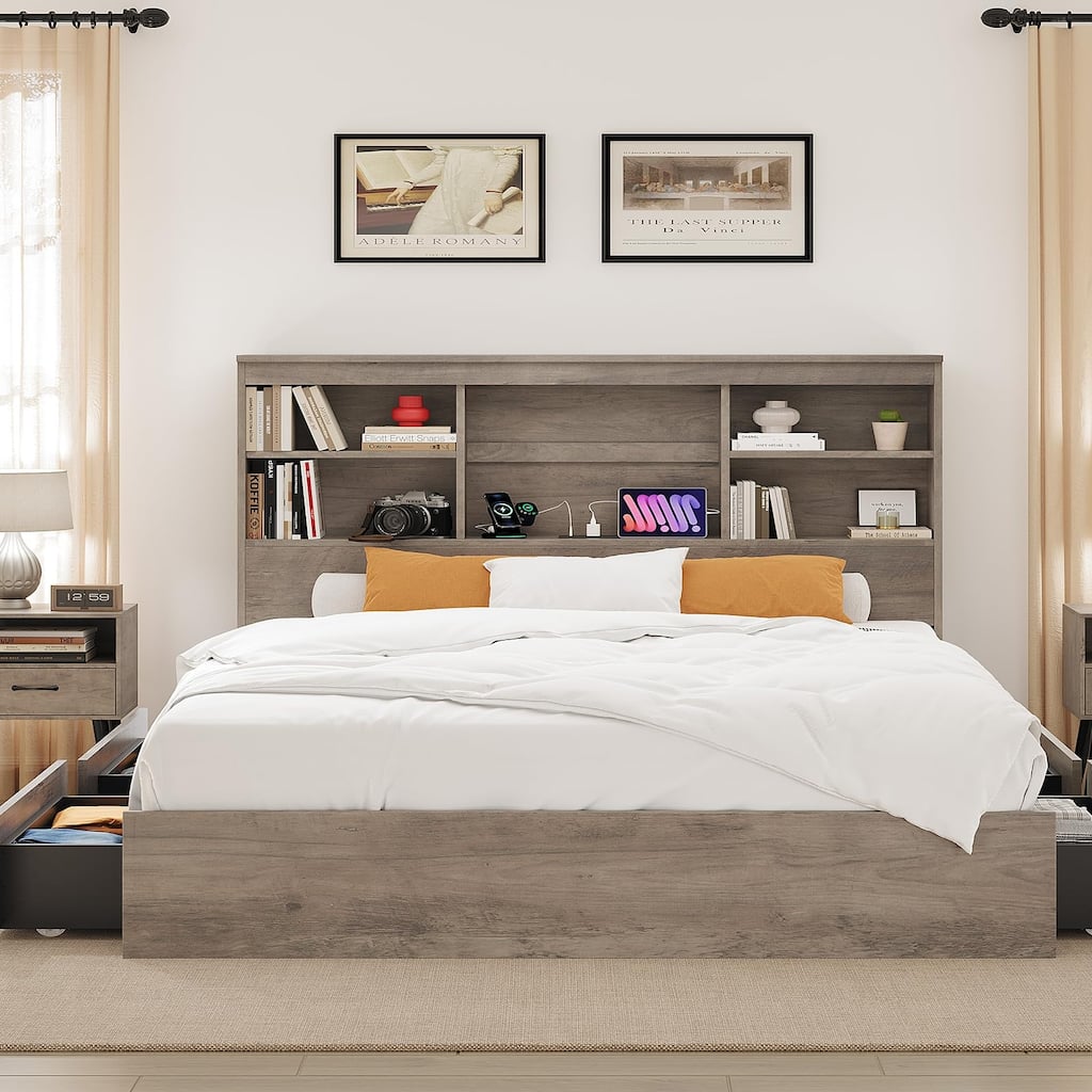 Full Size Bed Frame with High Storage Bookcase Headboard, Wood Bed Frame with 4 Storage Drawers