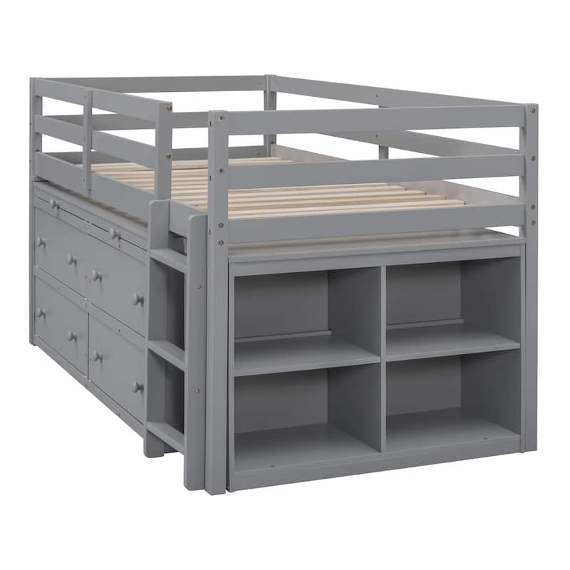 Twin Size Loft Bed w/ Retractable Writing Desk & 4 Drawers, Wooden Loft Bed w/ Lateral Portable Desk and Shelves, White