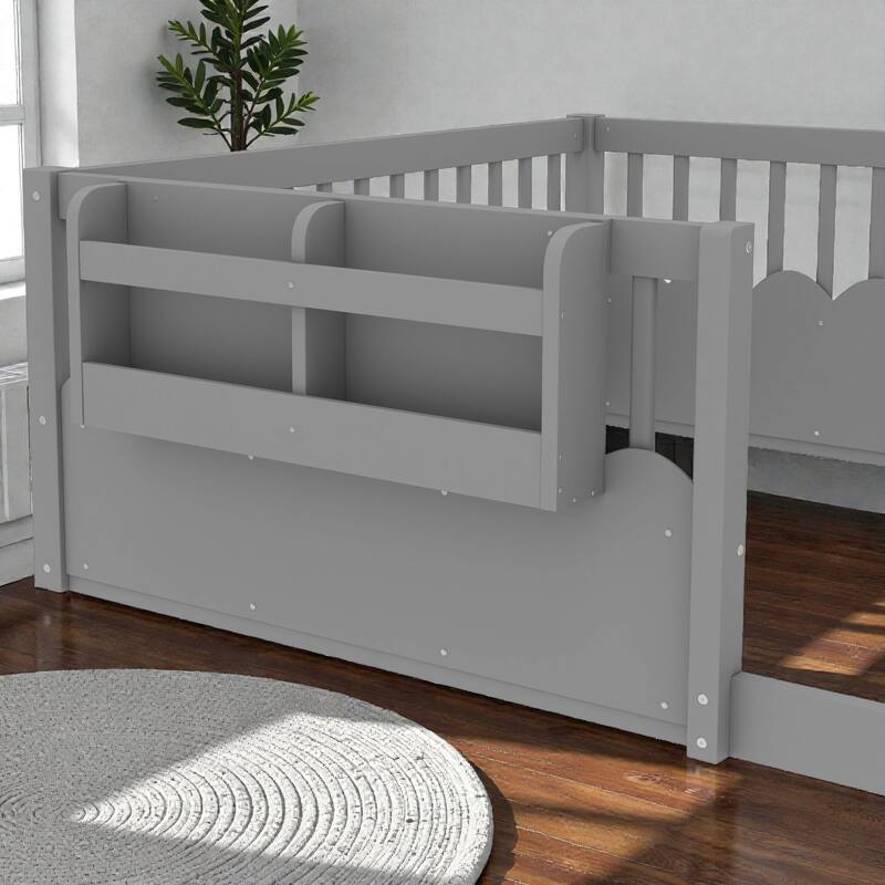 Twin Floor Bed with Heightened Fence and Bookshelf, Wooden Montessori Floor Bed for Kids, Low Profile Design