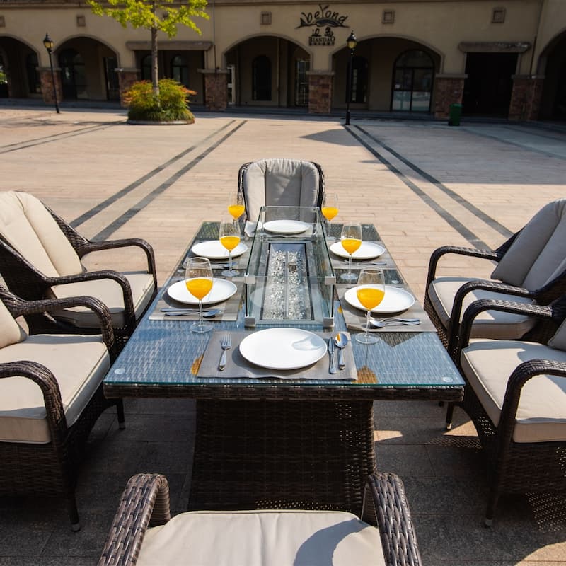 7-Pc Outdoor Wicker Rectangular Gas Fire Pit Table Set with 6 Armchairs (Including Rain Cover)