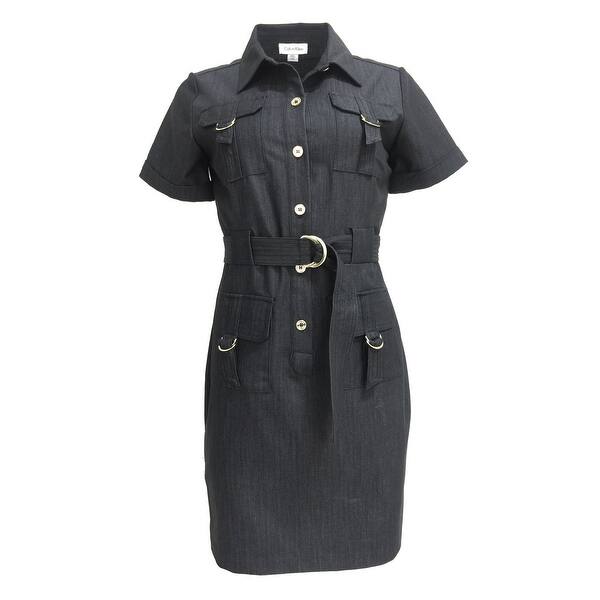 Shop Calvin Klein Petite Belted 4 Pocket Shirt Dress Blue 10p