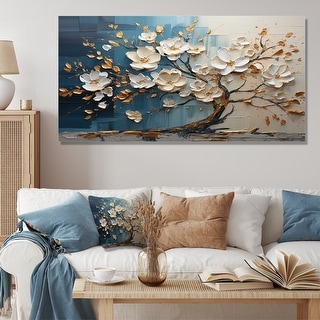 Designart "Blue And White Orchid Tree Golden Of Branches III" Tree Wall Décor Gold Modern Canvas Wall Art For Home