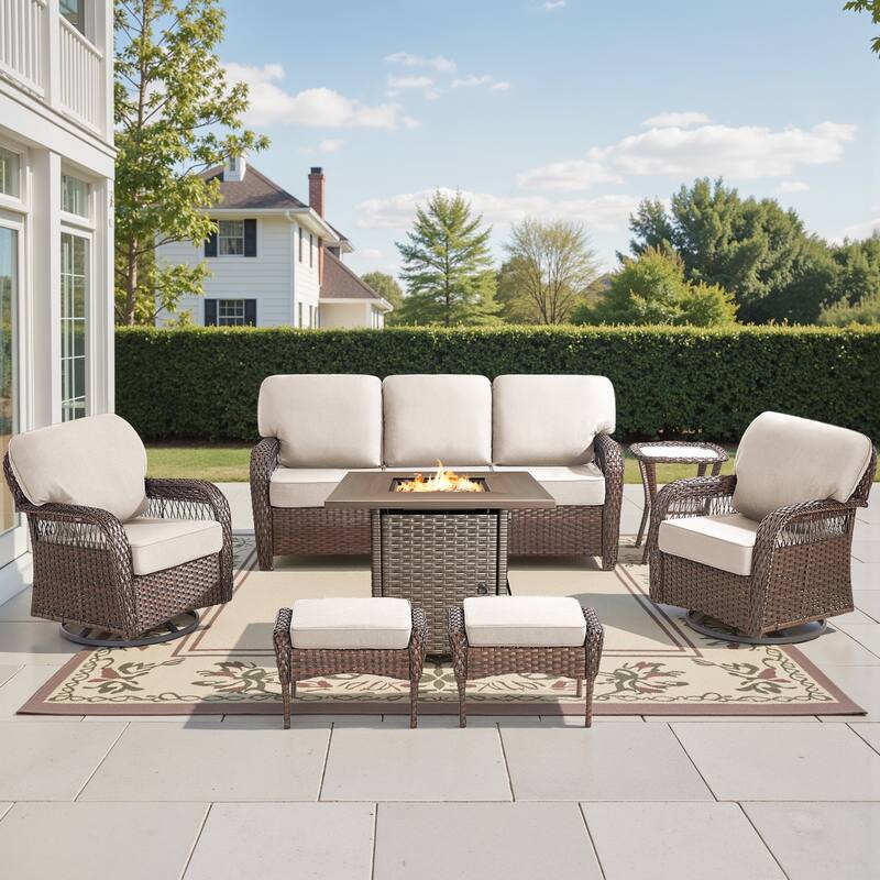 Pocassy Outdoor Sofa Ottoman Swivel Chair Table with Fire Table Set. - Brown Wicker Beige Cushion - 7-Piece Sofa Chair Table Ottoman w/ Fie Table