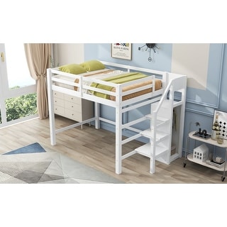 White Full Size Loft Bed with Built-in Storage Wardrobe, Multi-functional Wood Beds Frame with Staircase and Clothes Rack